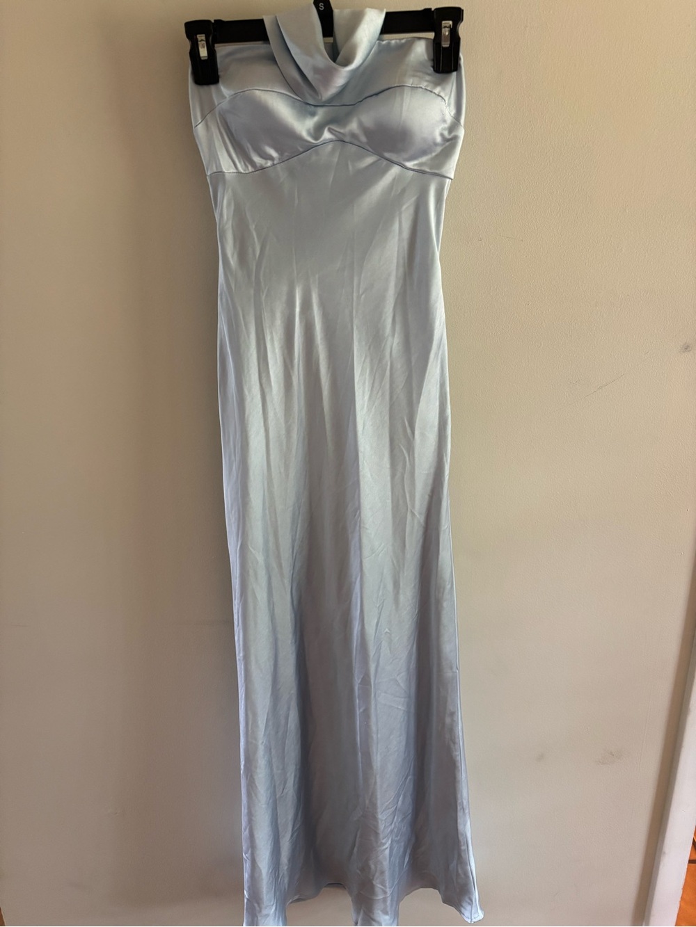 Selfie Leslie Strapless Satin Maxi Dress in Light Blue